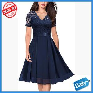 Vintage V-Neck Floral Lace Chiffon Prom Party Dress A-Line Knee Length